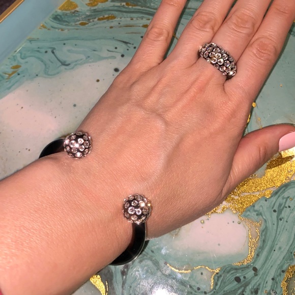 Trendy Black Acrylic Cuff Bracelet, Double Ball End Crystal Rhinestone Cuff, New - Picture 6 of 8
